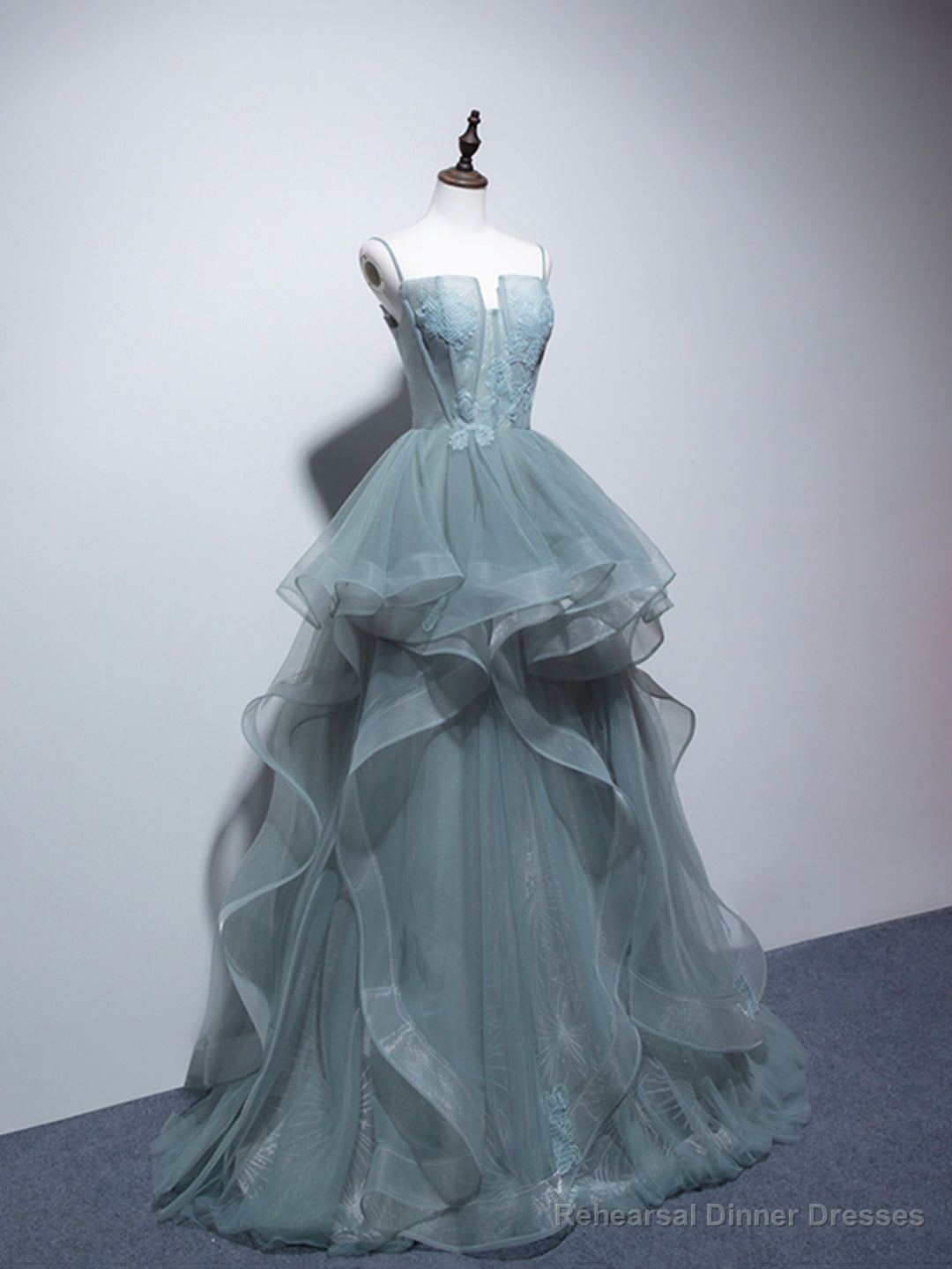 Dusty Green Spaghetti Strap Ruffled Floor-length Formal Dress, Cute Tulle Lace Evening Party Dress Secondary image