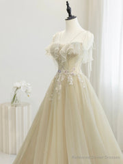 Cute Tulle Sequins Floor Length Prom Dress, Beautiful Spaghetti Strap Evening Party Dress