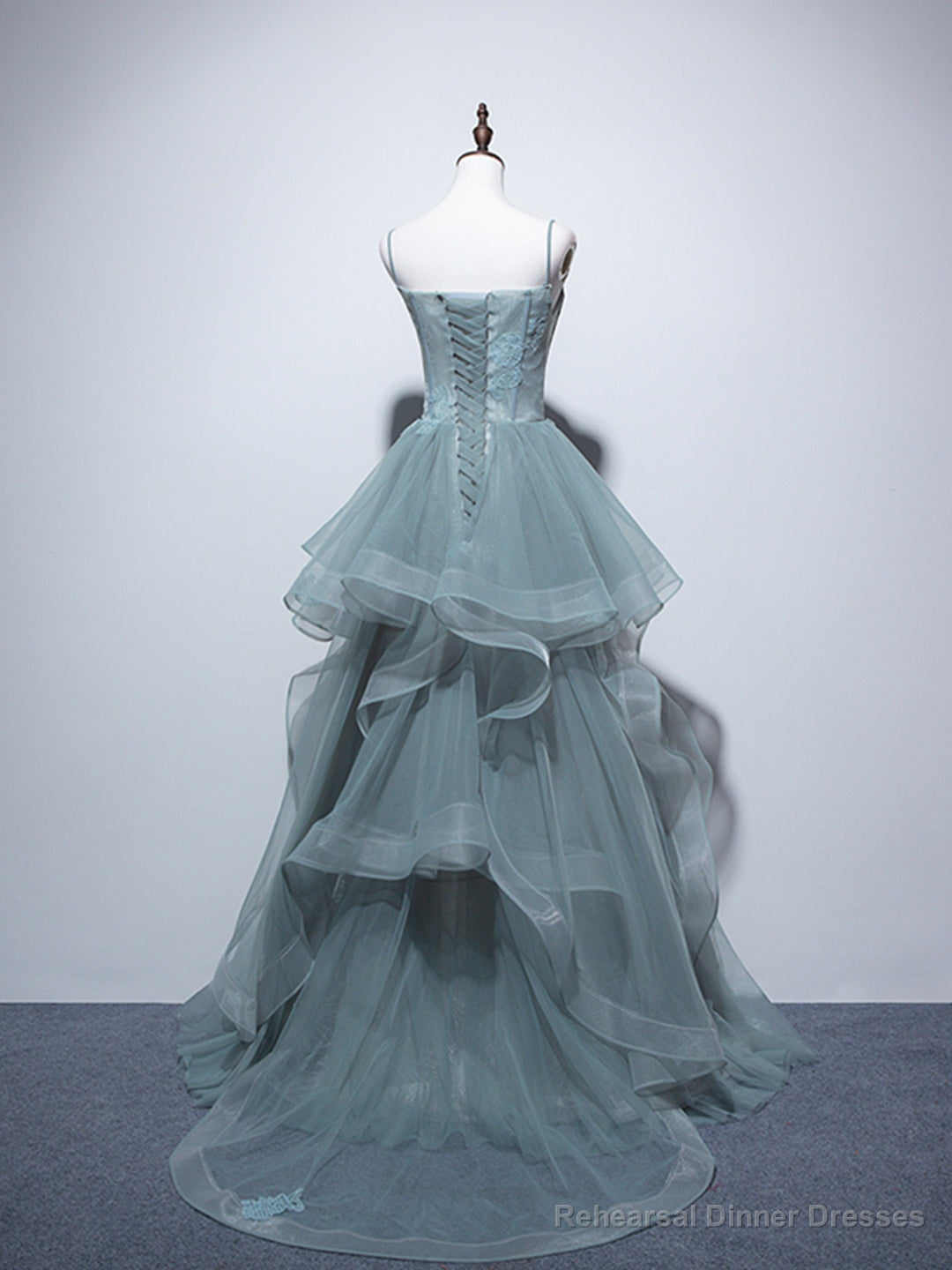 Dusty Green Spaghetti Strap Ruffled Floor-length Formal Dress, Cute Tulle Lace Evening Party Dress Main image