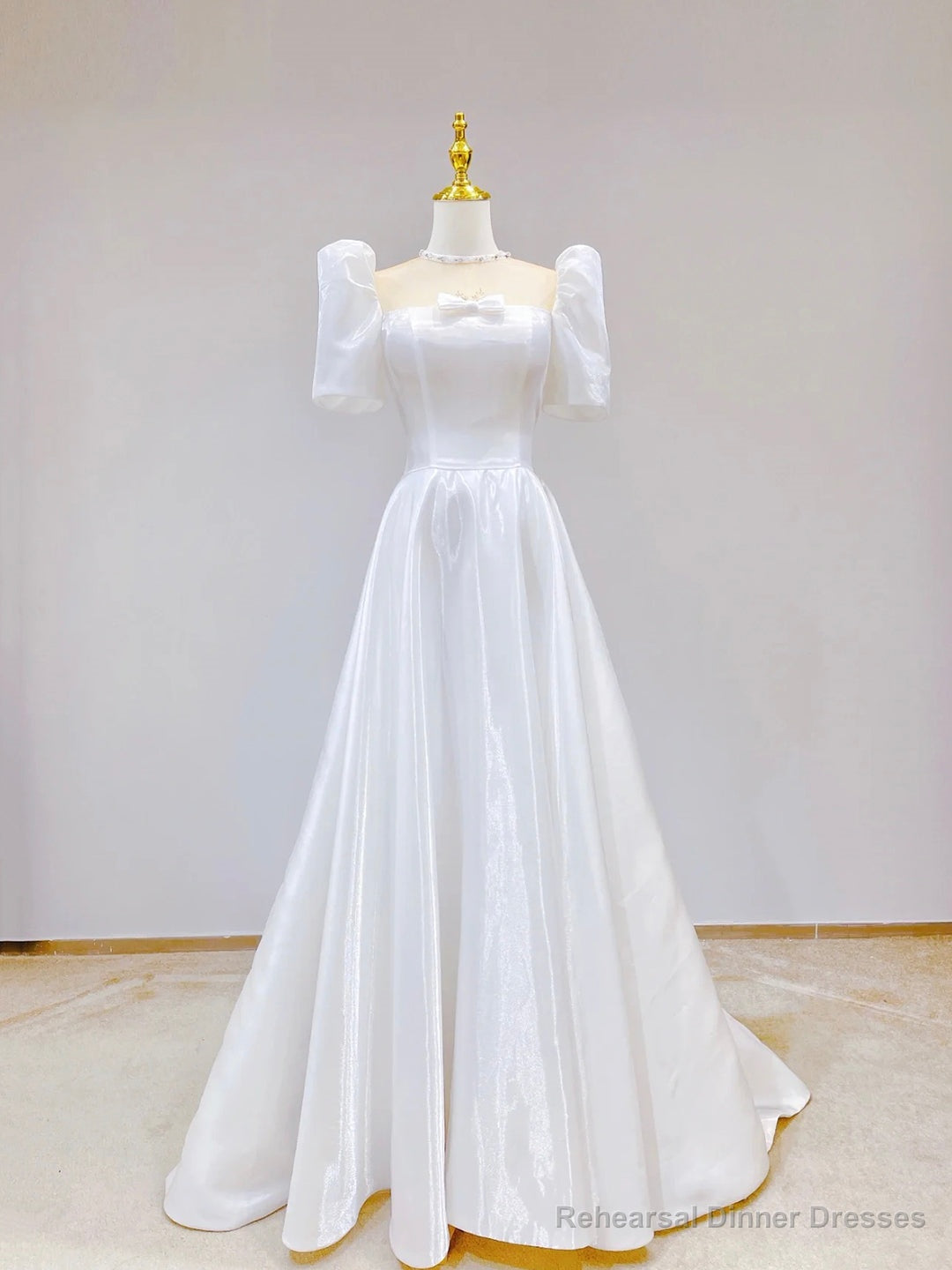 White Satin Short Sleeve Floor Length Prom Dress, White A-Line Party Dress
