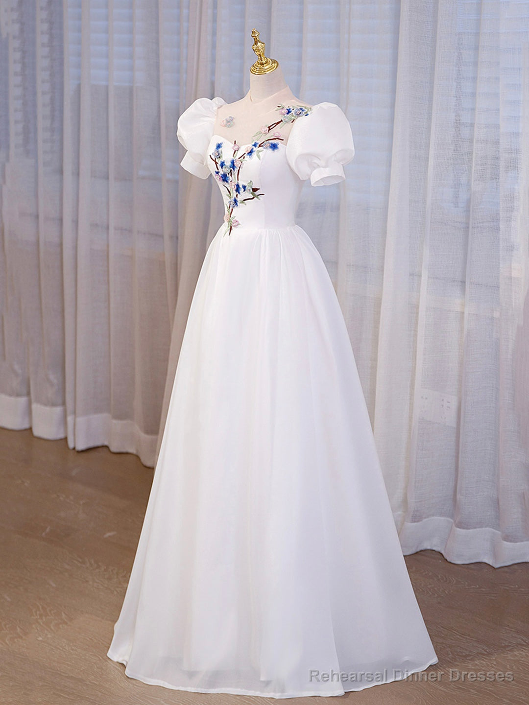 Elegant White Tulle Appliques Long Prom Dress, White High Neck A-Line Evening Dress Secondary image