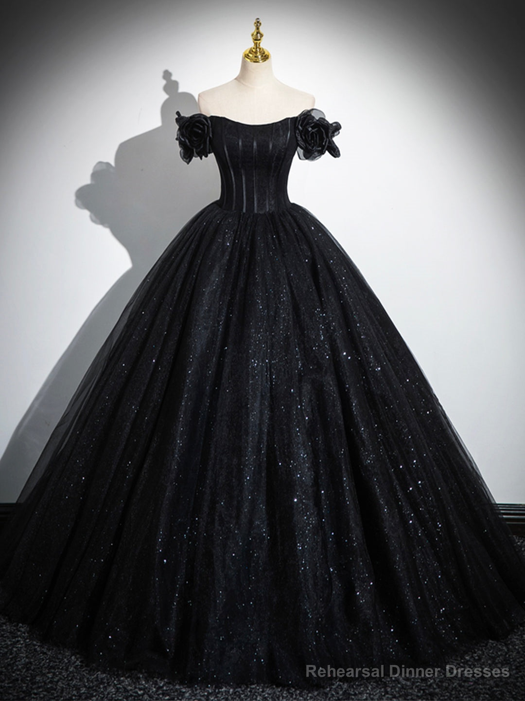 Sparkly Tulle Black Sweetheart Ball Gown, A-Line Off the Shoulder Evening Dress Main image