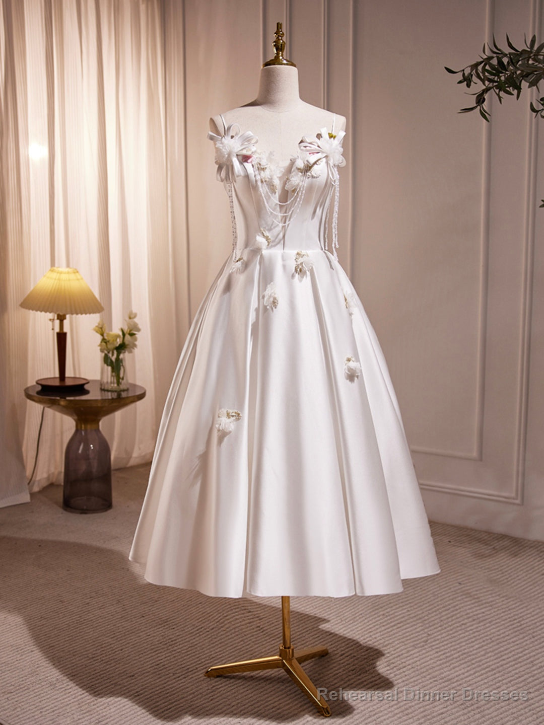 White Spaghetti Strap Satin Short Prom Dress, White V-Neck Evening Party Dress Main image