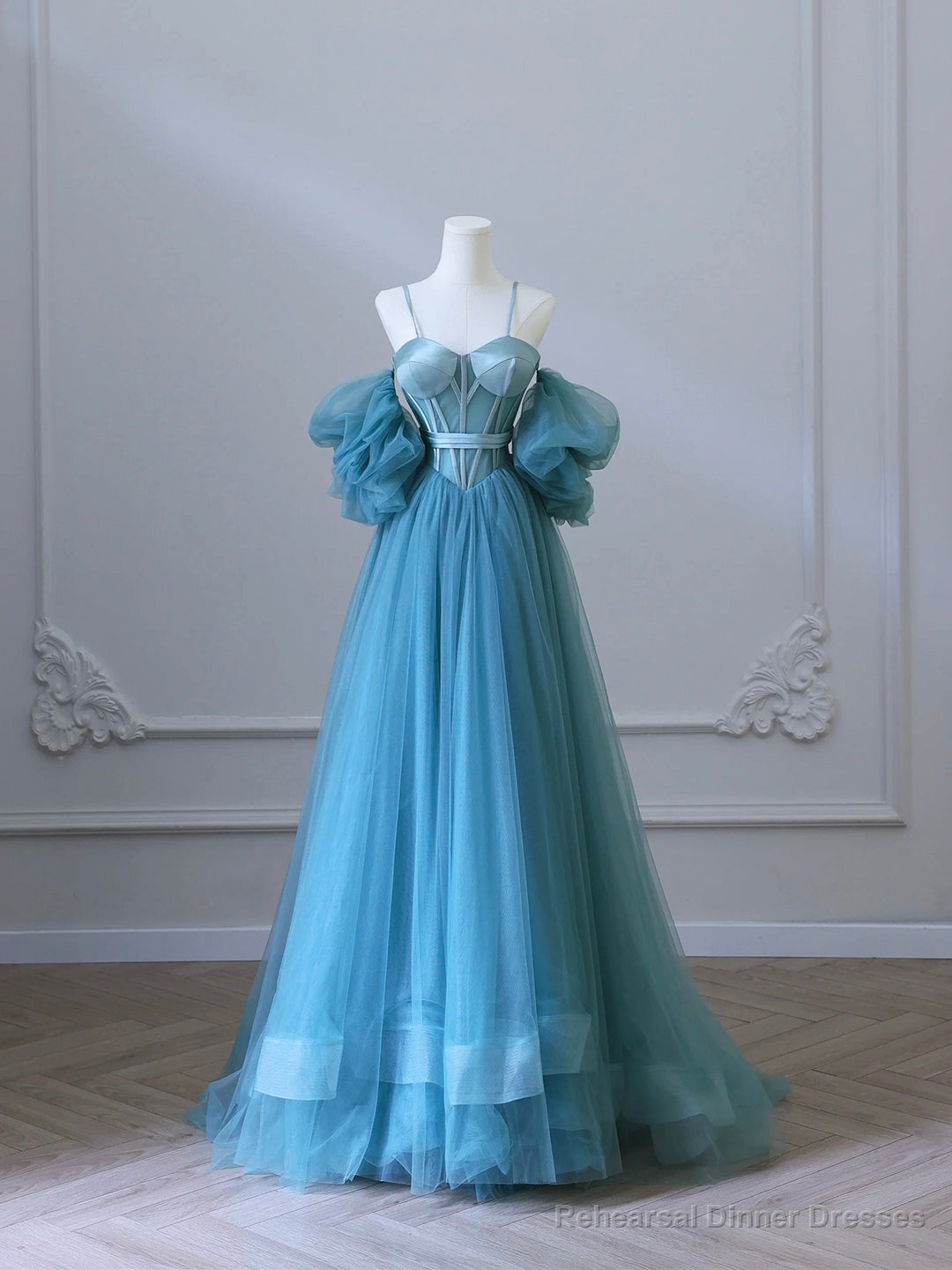 Fairy Blue Spaghetti Straps Corset Tulle Prom Dress, Detachable off Shoulder Party Dress Main image