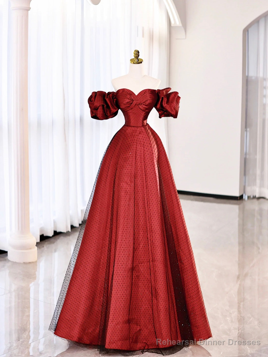 Burgundy Satin Polka Dot Tulle Prom Dress, Lovely Floor Length Short Sleeve Evening Dress Main image