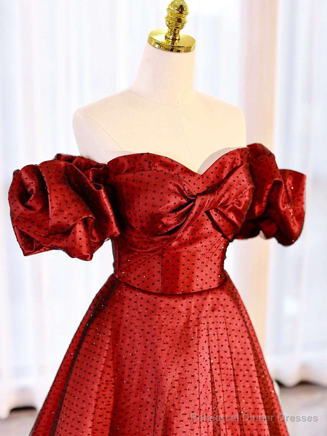 Burgundy Satin Polka Dot Tulle Prom Dress, Lovely Floor Length Short Sleeve Evening Dress Secondary image