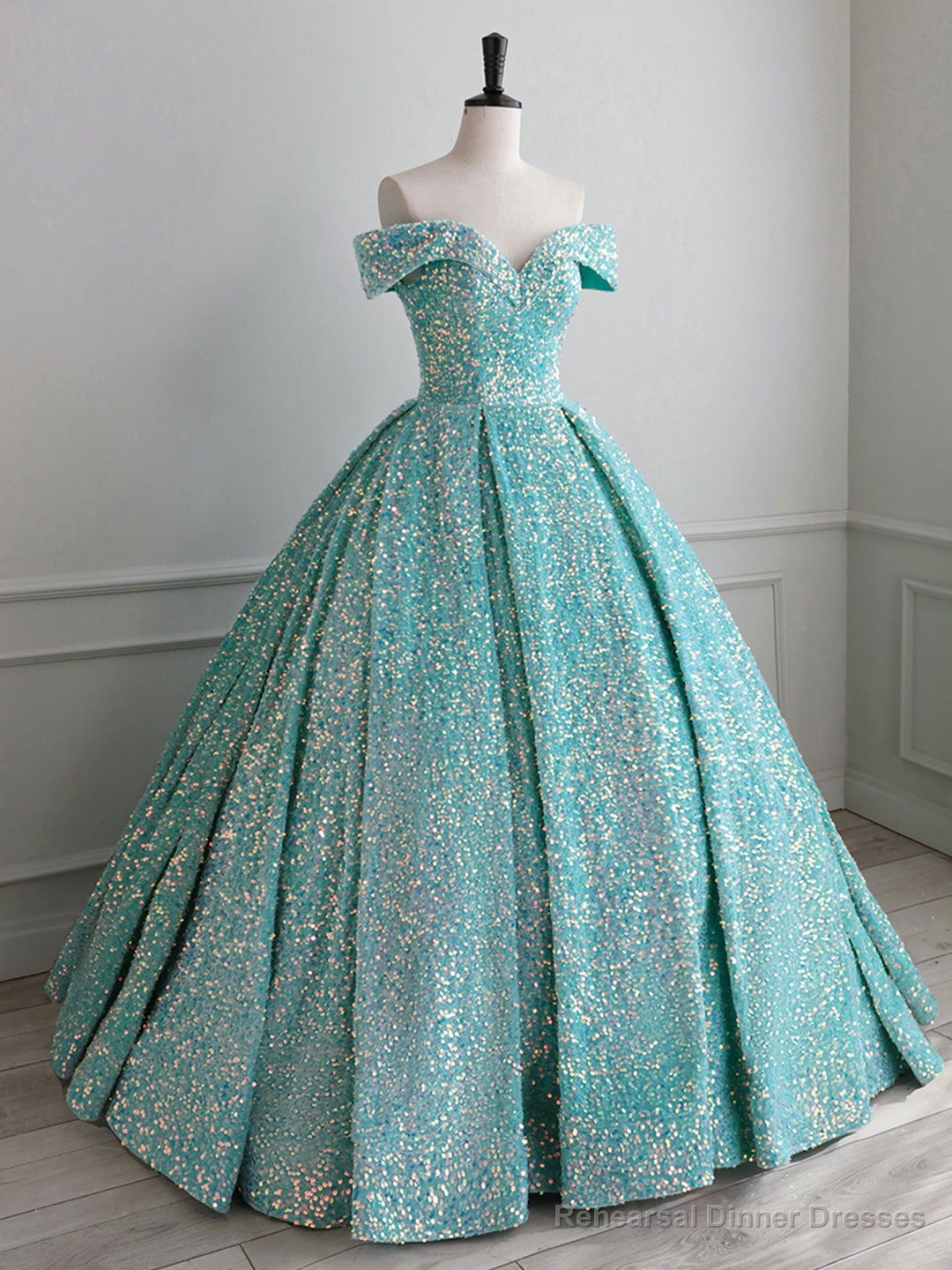 Sparkly Sequin Off the Shoulder Prom Dress, A-line Floor Length Evening Dress Main image