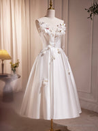White Spaghetti Strap Satin Short Prom Dress, White V-Neck Evening Party Dress