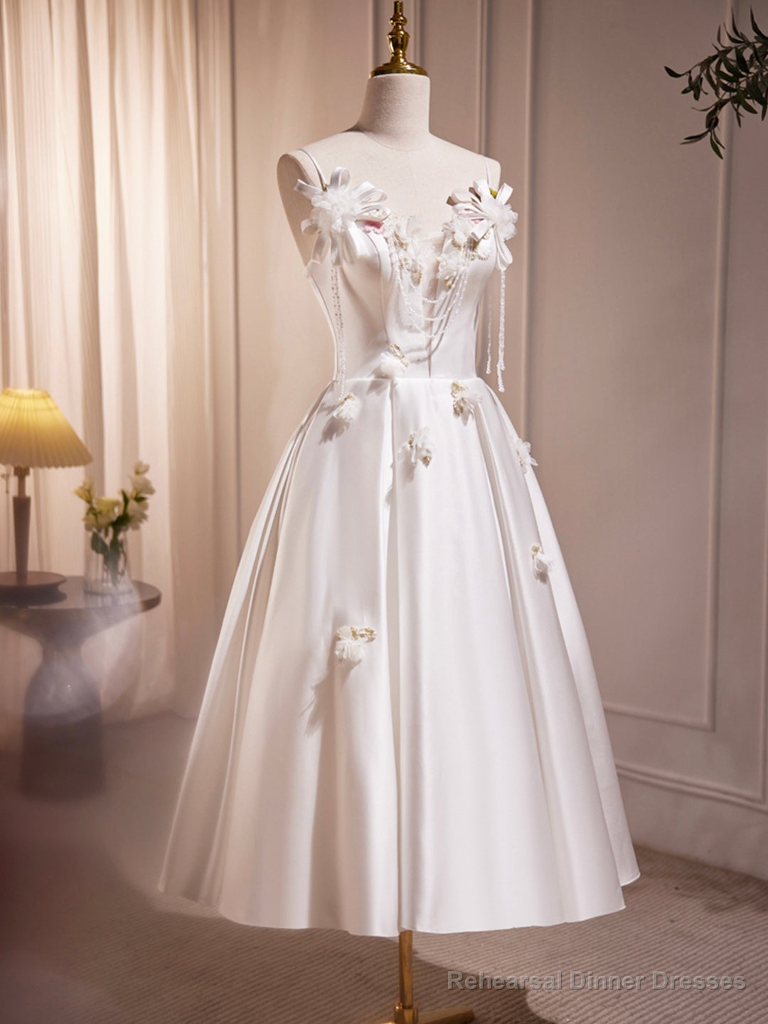 White Spaghetti Strap Satin Short Prom Dress, White V-Neck Evening Party Dress