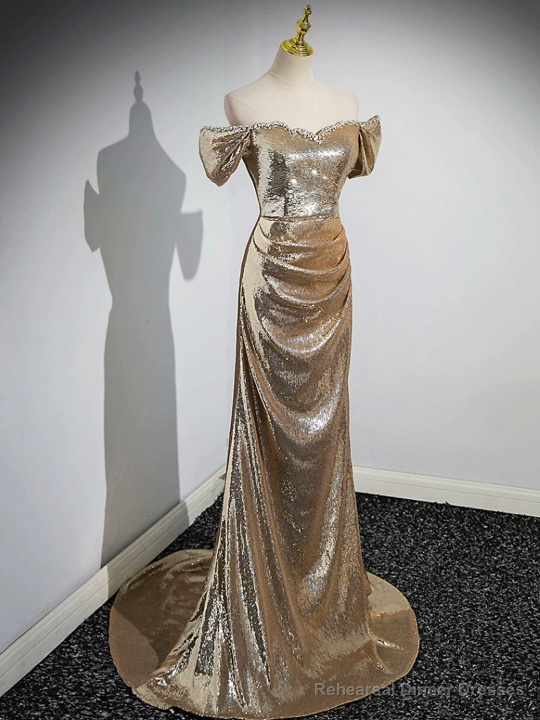 Gold  Sequins Floor Length Prom Dress, Mermaid Off the Shoulder Evening Party Dress Main image
