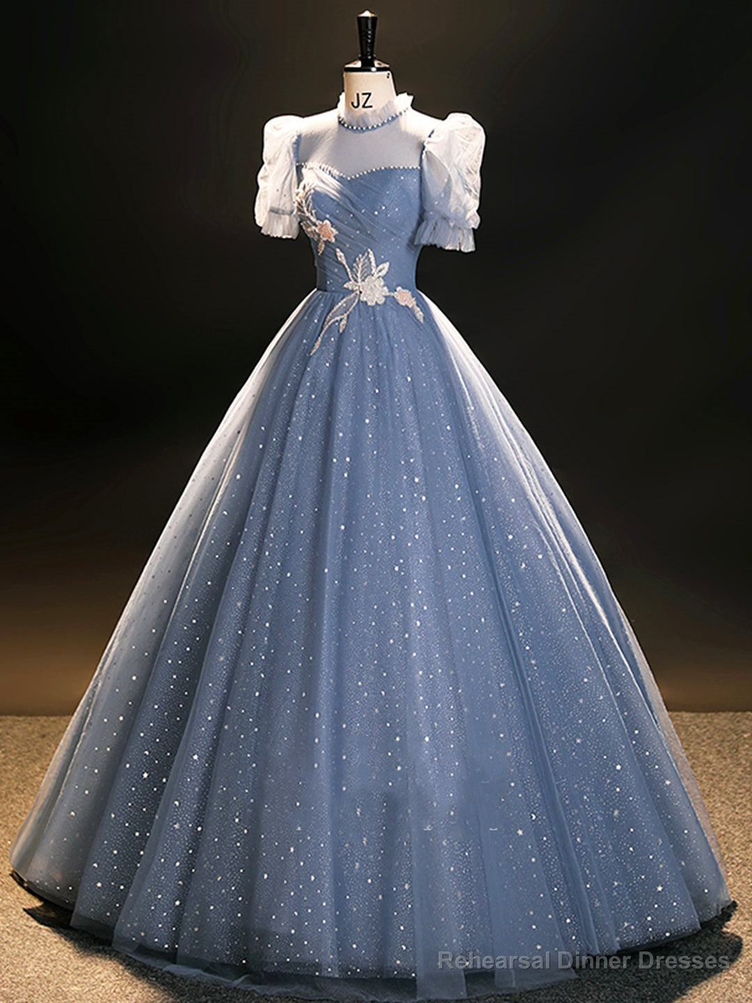 Blue Tulle Long A-Line Prom Dress, Beautiful Short Sleeve Evening Party Dress Main image