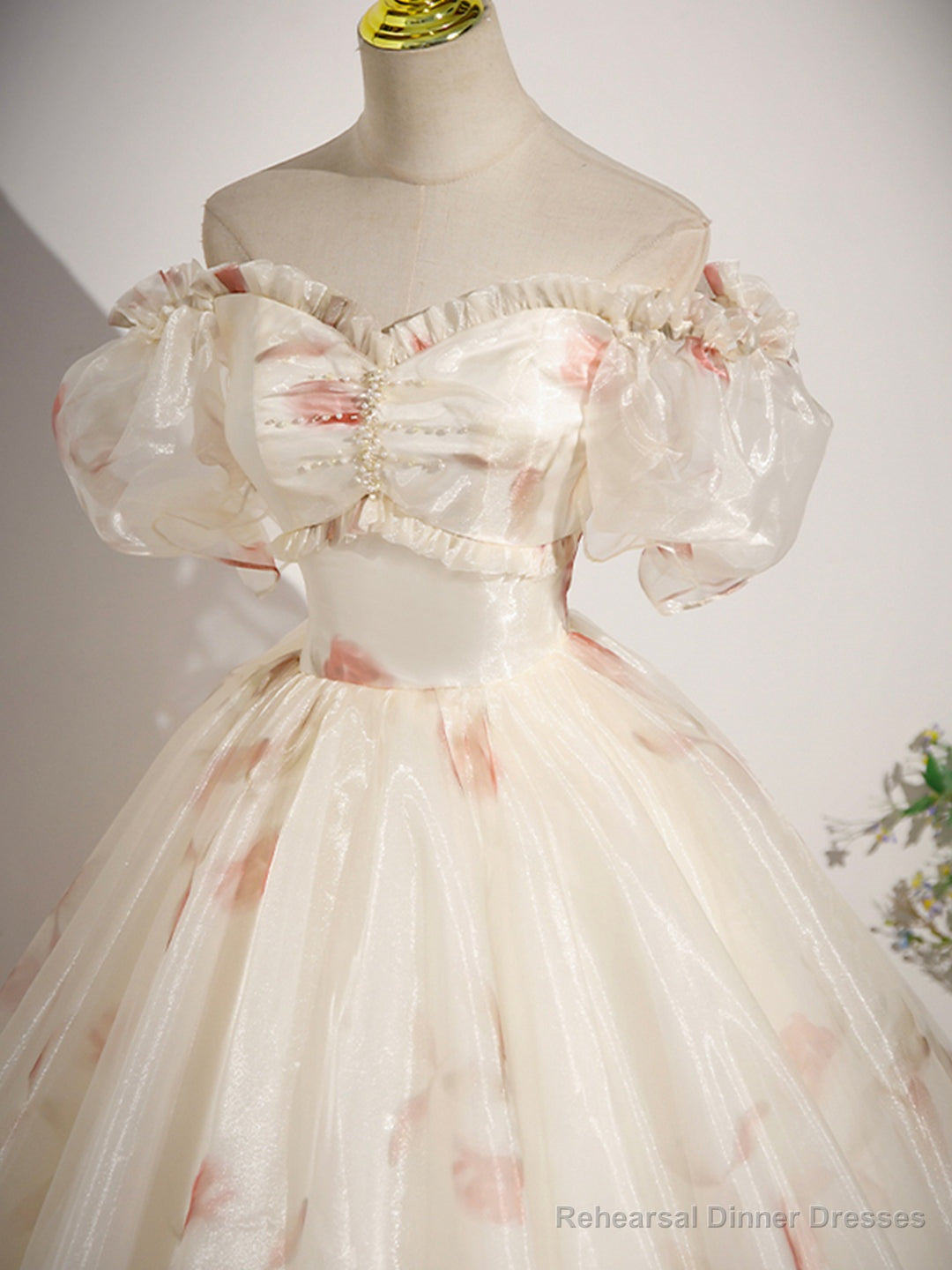 Champagne Floral Tulle Long Prom Dress, Beautiful Short Sleeve A-Line Evening Party Dress Secondary image