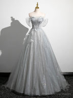 A-Line Off the Shoulder Sparkly Prom Dress, Gray Tulle Corset Floor Length Evening Dress
