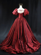 Burgundy Scoop Short Sleeves Party Dress, A-Line Long Evening Dress Prom Dress