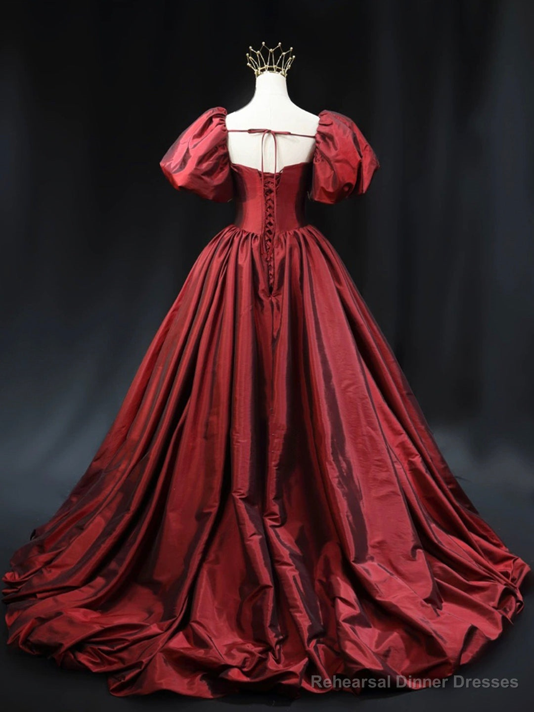 Burgundy Scoop Short Sleeves Party Dress, A-Line Long Evening Dress Prom Dress