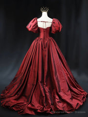 Burgundy Scoop Short Sleeves Party Dress, A-Line Long Evening Dress Prom Dress