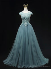 Blue Scoop Neckline Tulle Lace Long Prom Dress, Beautiful Lace Formal Evening Dress