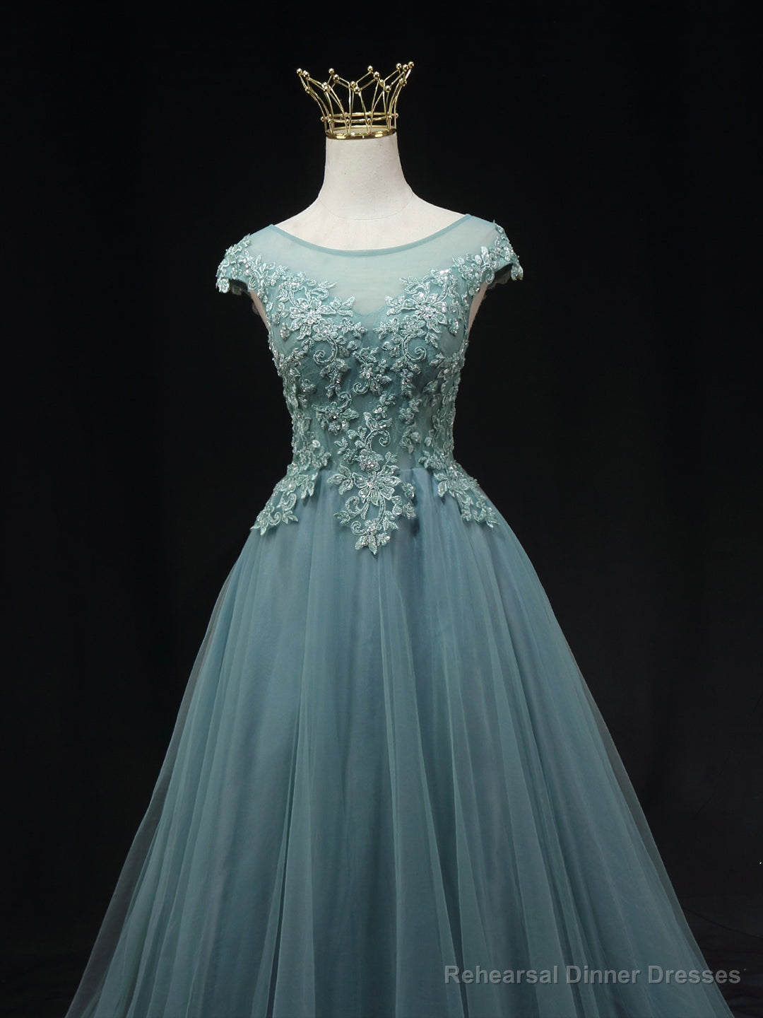 Blue Scoop Neckline Tulle Lace Long Prom Dress, Beautiful Lace Formal Evening Dress Secondary image