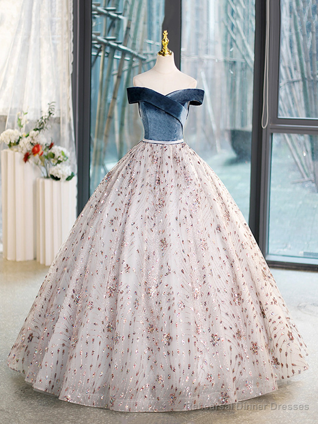 Blue Velvet and Tulle Long Prom Dress, Off Shoulder Evening Dress Party Dress Main image