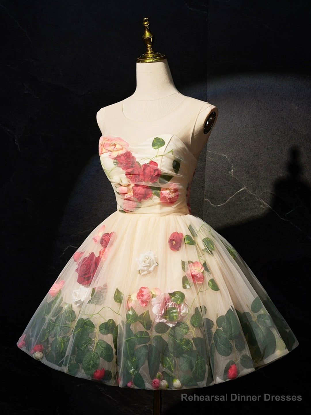 Champagne Scoop Neck Short Prom Dress with Flowers, Cute A-Line Party Dress Main image