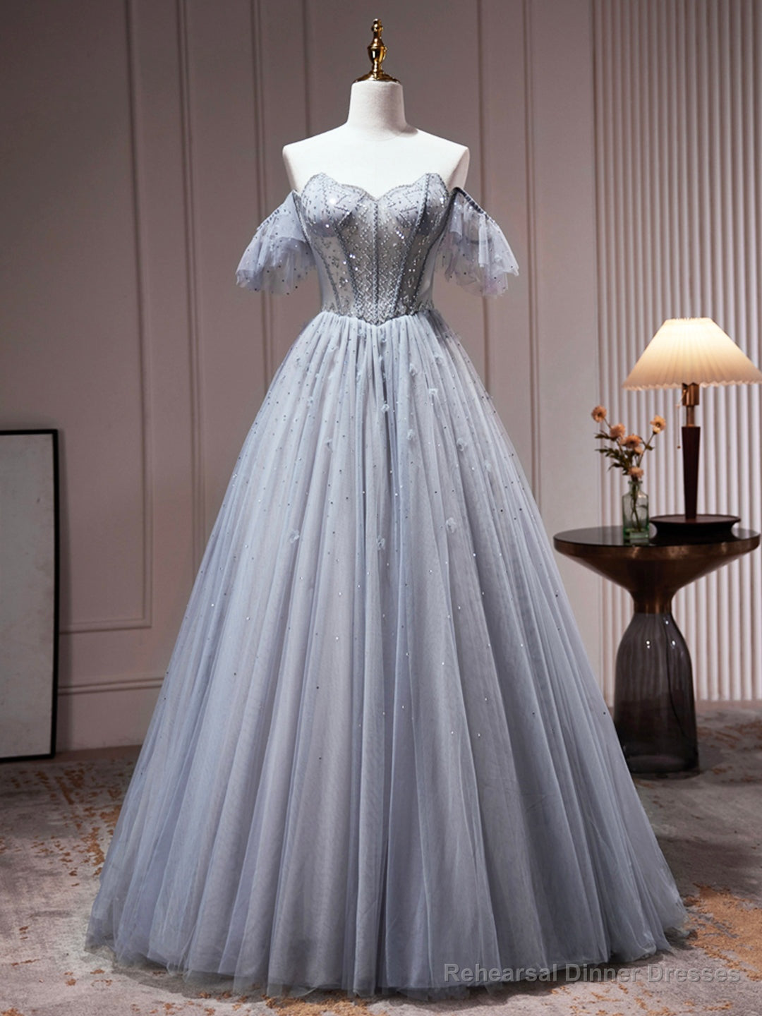 Gray Tulle Off Shoulder Beaded Party Dress, A-Line Tulle Formal Dress Prom Dress