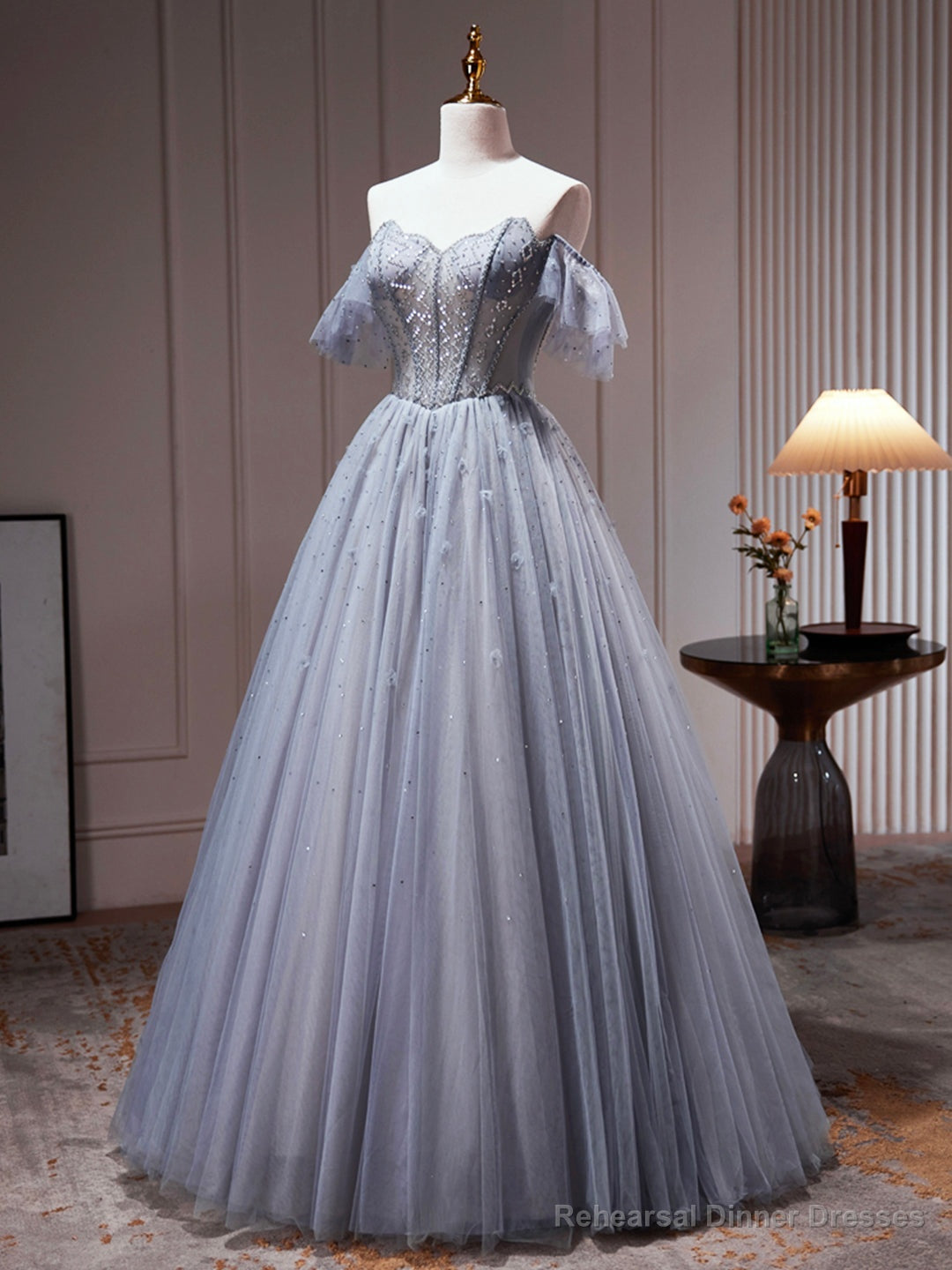 Gray Tulle Off Shoulder Beaded Party Dress, A-Line Tulle Formal Dress Prom Dress