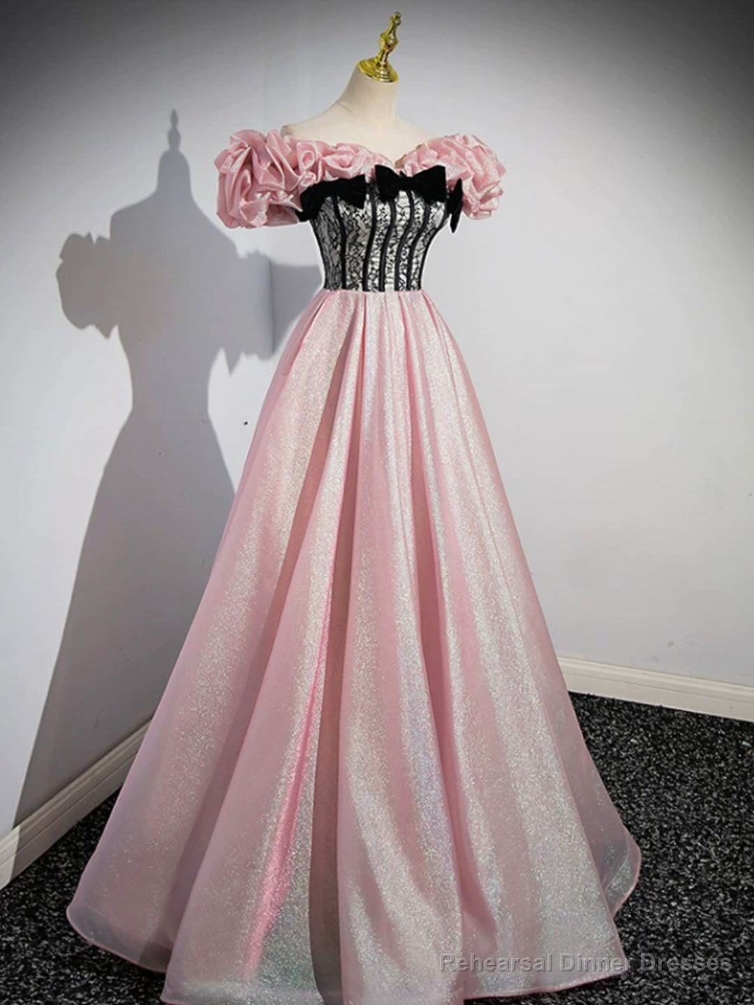 A-Line Shiny Tulle Long Pink Corset Prom Dress, Off the Shoulder Pink Evening Dress Main image