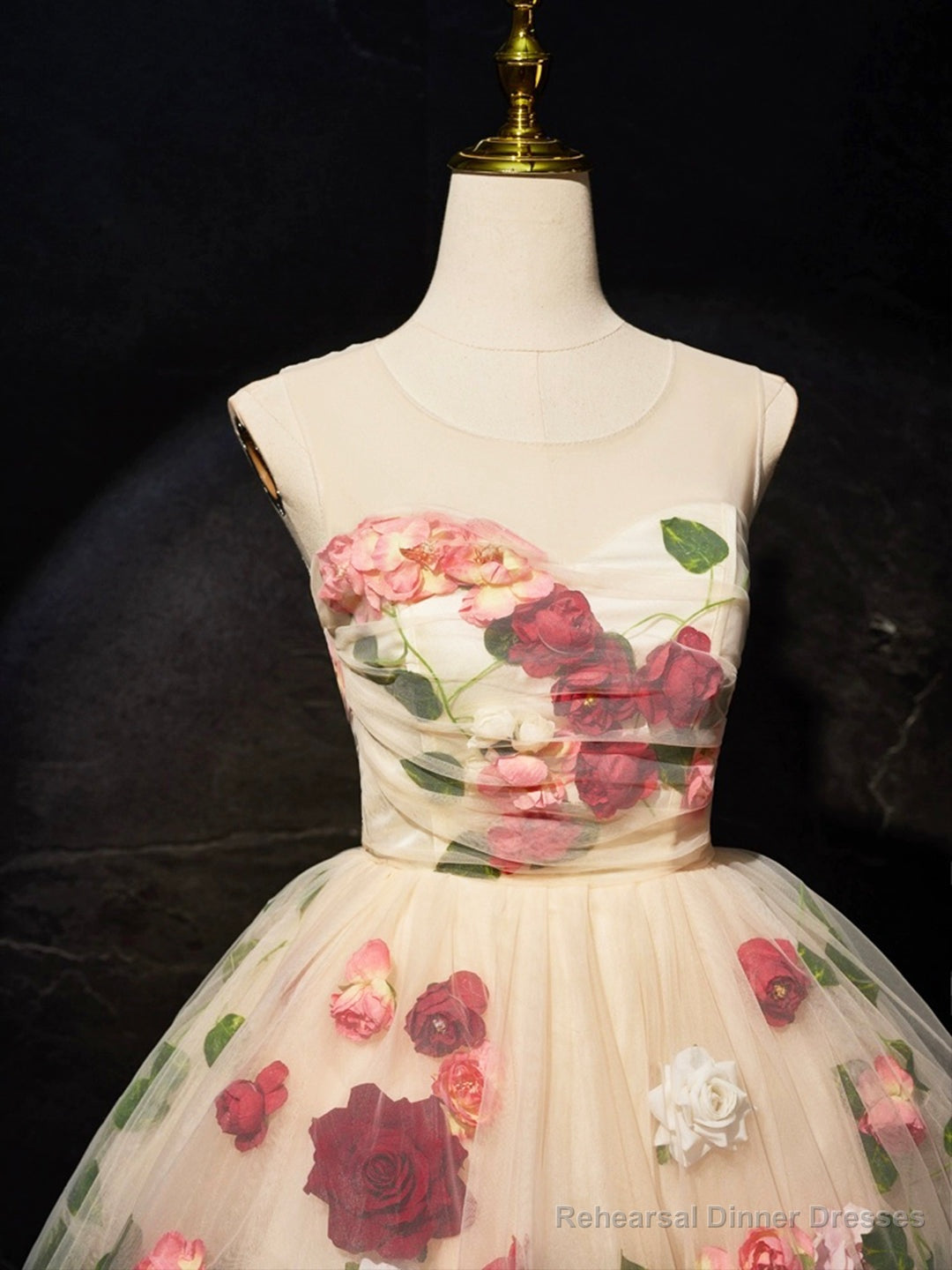 Champagne Scoop Neck Short Prom Dress with Flowers, Cute A-Line Party Dress