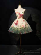 Champagne Scoop Neck Short Prom Dress with Flowers, Cute A-Line Party Dress