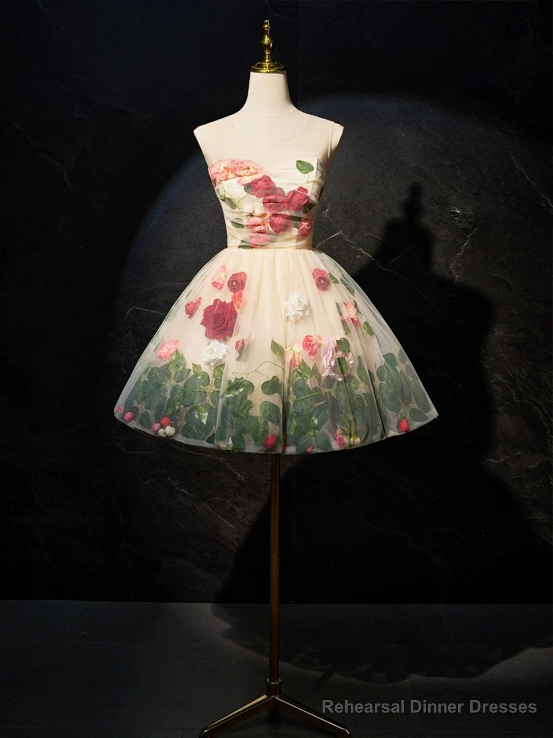 Champagne Scoop Neck Short Prom Dress with Flowers, Cute A-Line Party Dress