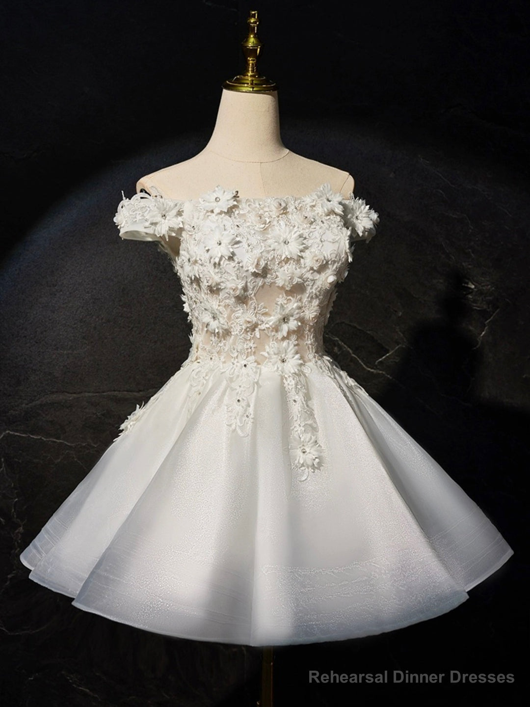 White Flowers Lace Short Prom Dress, Lovely A-Line Evening Party Dress Main image