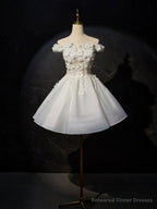 White Flowers Lace Short Prom Dress, Lovely A-Line Evening Party Dress