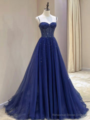 Blue Spaghetti Straps Tulle Beaded Long Formal Dress, Blue A-Line Evening Dress with Corset