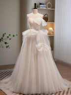 Light Champagne Tulle Long Princesse Dress, Lovely Spaghetti Straps Evening Party Dress