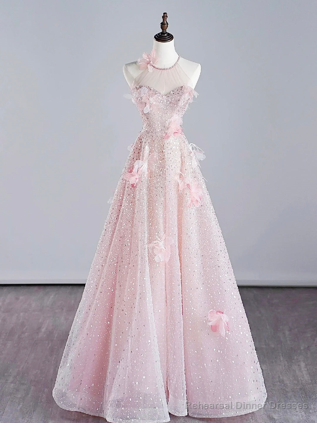 Pink Halter Shiny Tulle Long Prom Dress, Pink Tulle Evening Dress with Flowers Main image