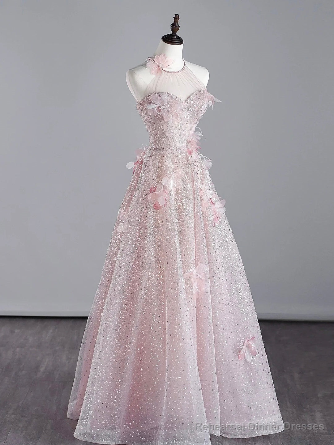 Pink Halter Shiny Tulle Long Prom Dress, Pink Tulle Evening Dress with Flowers Secondary image