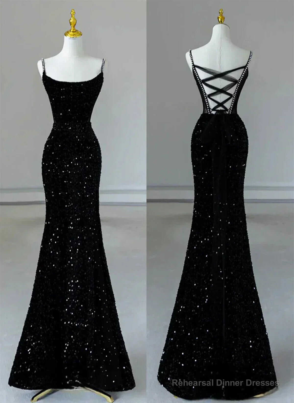 Black Mermaid Sequins Long Formal Dress, Black Straps Long Evening Dress Main image
