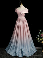 Pink Gradient Shiny Floor Length Prom Dress, Off Shoulder A-Line Evening Party Dress