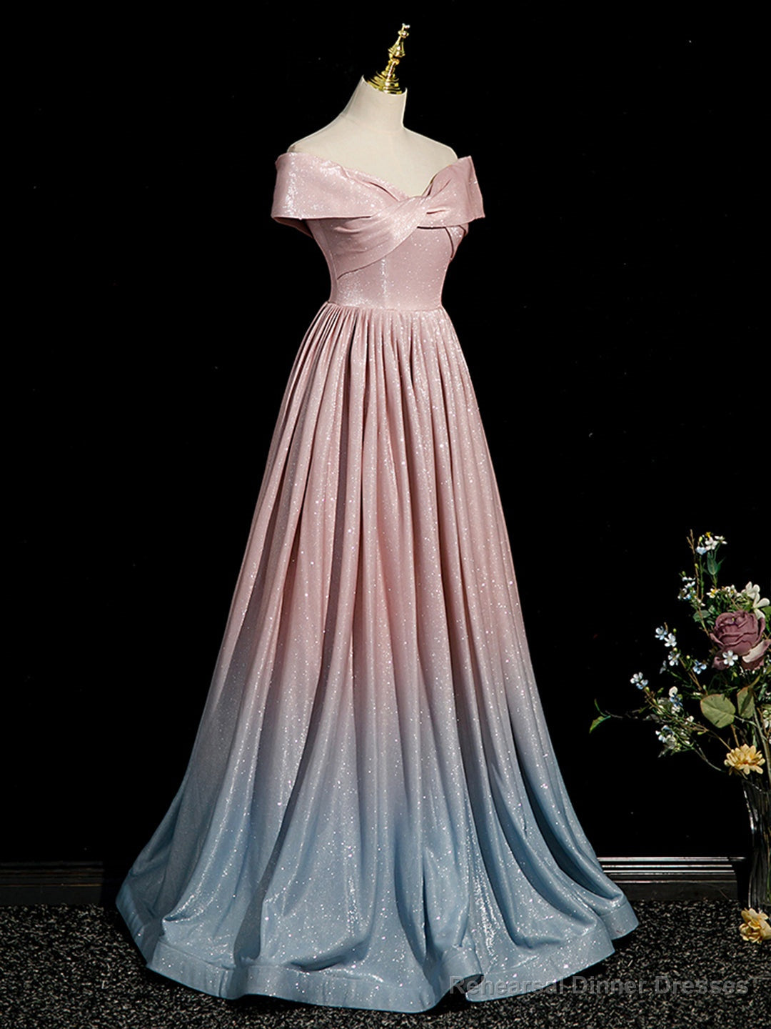 Pink Gradient Shiny Floor Length Prom Dress, Off Shoulder A-Line Evening Party Dress Secondary image
