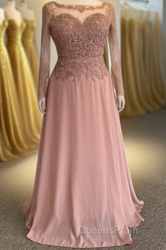 Illusion Neck Sweetheart Long Sleeves Beaded Appliques Long Formal Dress Main image