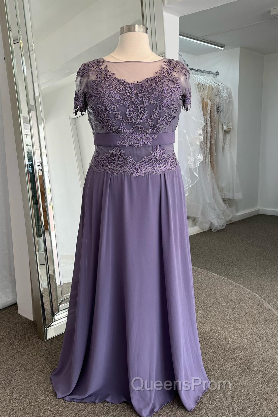 Illusion Neck Sweetheart Sleeves Beaded Appliques Long Formal Dress with Sash