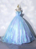 Beautiful  Shiny Blue Tulle Long Formal Dress, A-Line Spaghetti Strap Sweetheart Princess Dress
