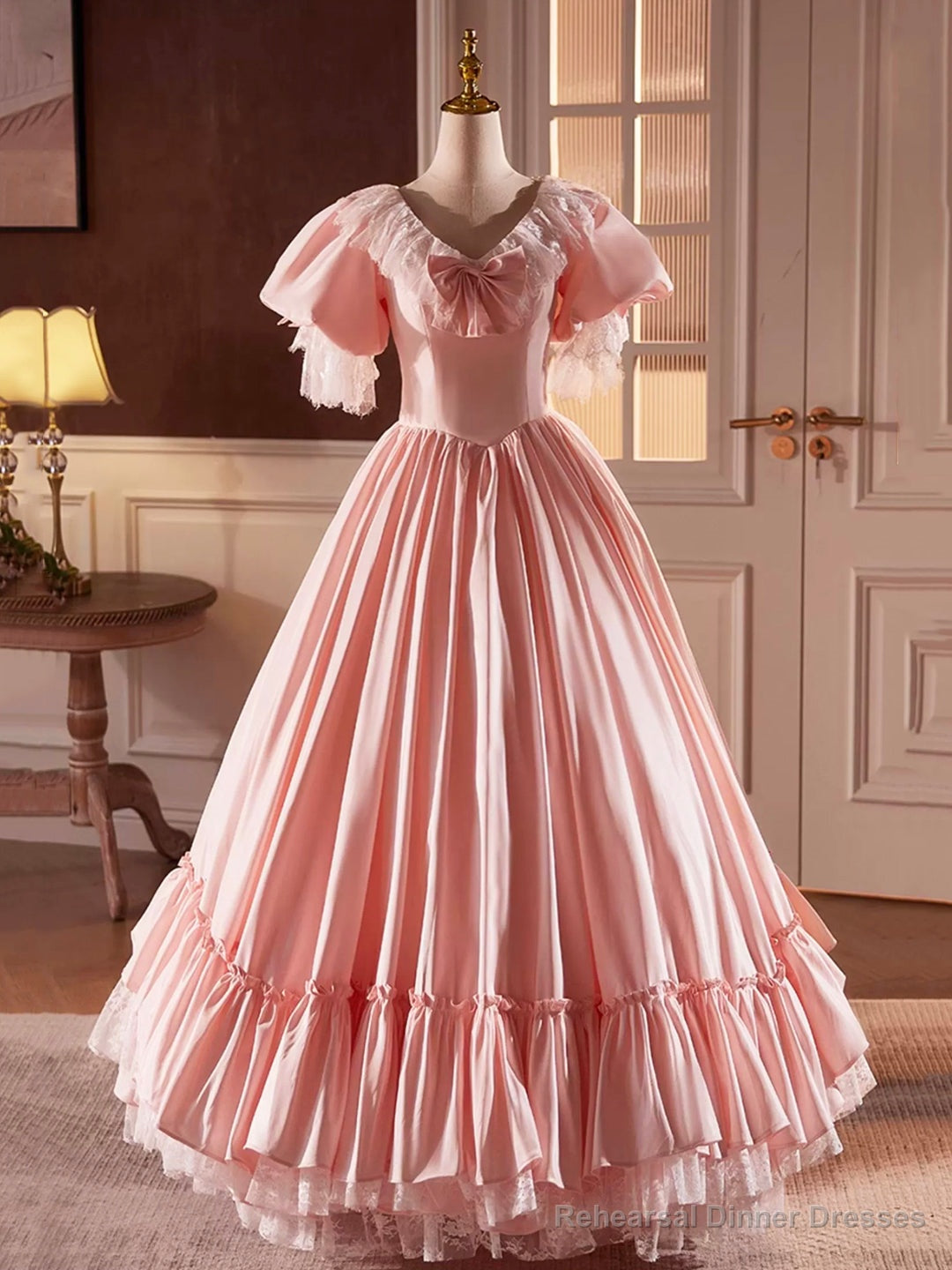 Pink Satin Lace Long Prom Dress, Beautiful A-Line V-Neck Evening Dress Main image