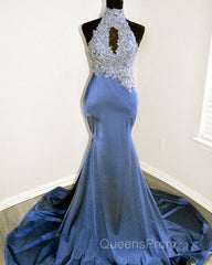 Magenta Mermaid Lace Applique Halter Evening Prom Dress