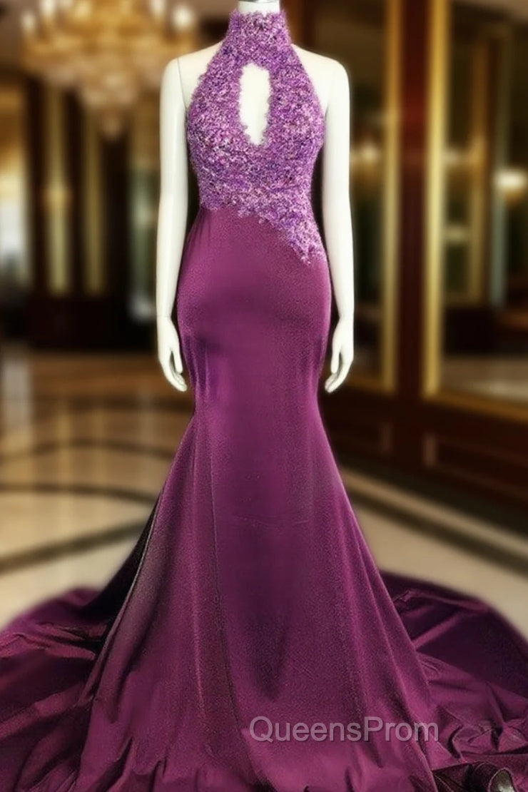 Magenta Mermaid Lace Applique Halter Evening Prom Dress Main image