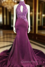 Magenta Mermaid Lace Applique Halter Evening Prom Dress