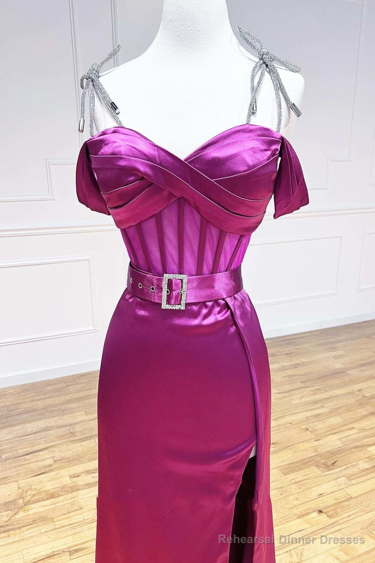 Magenta Sweetheart Belted A-Line Prom Dress with Slit Secondary image