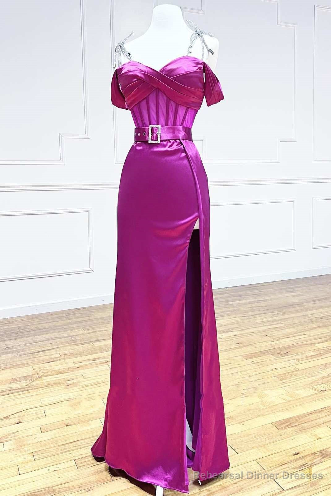 Magenta Sweetheart Belted A-Line Prom Dress with Slit