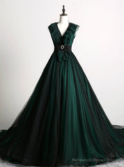 Make Your Prom a Dream Dark Green Ball Gown Tulle V-neck Backless Quinceanera Dress With Train