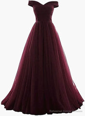 Maroon Off Shoulder Bridesmaid Dress  Long, Simple Tulle Dress
